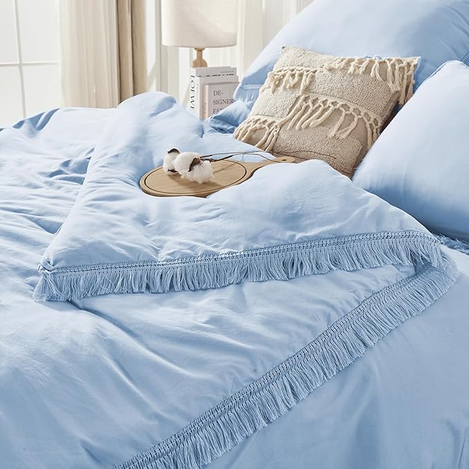Andency Queen Comforter Set with Sheets Light Blue - 7 Pieces Boho Tassel Bed in a Bag Soft Lightweight Bedding Sets, Fringe Bed Set with Comforter, Sheets, Pillowcases & Shams