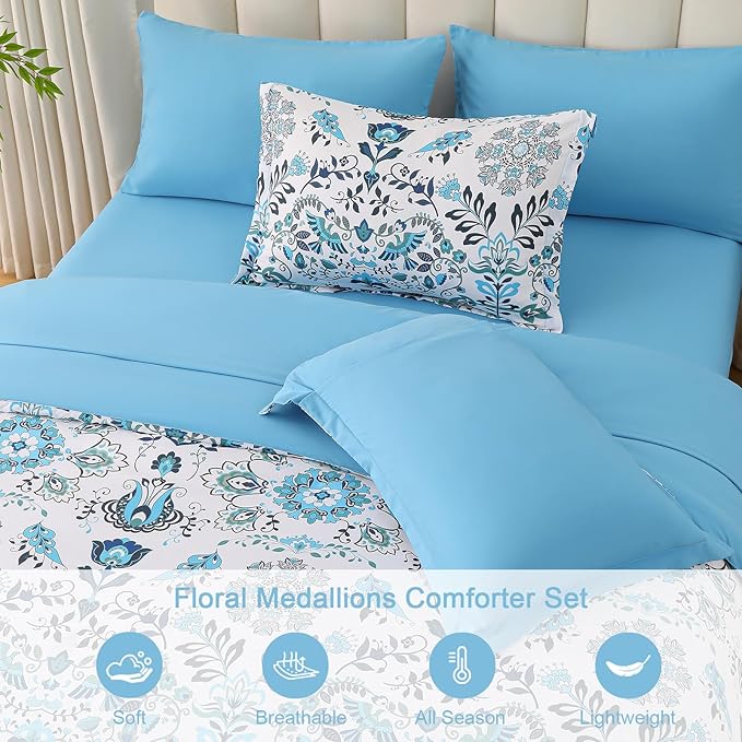 Boho Comforter Set King - 7 Pieces Bed in a Bag Floral Design, Bohemian Comforter Set with Sheets, Soft Microfiber Complete Bedding Sets All Season (Light Blue, King)
