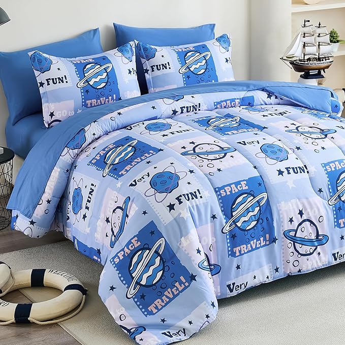Drucon Kids Space Comforter Set Bed in A Bag Twin Size 6 Piece Cartoon Planets Bedding Set for Teens Boys Girls