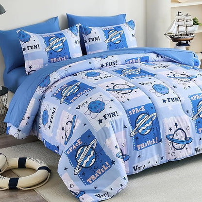Drucon Kids Space Comforter Set Bed in A Bag Twin Size 6 Piece Cartoon Planets Bedding Set for Teens Boys Girls