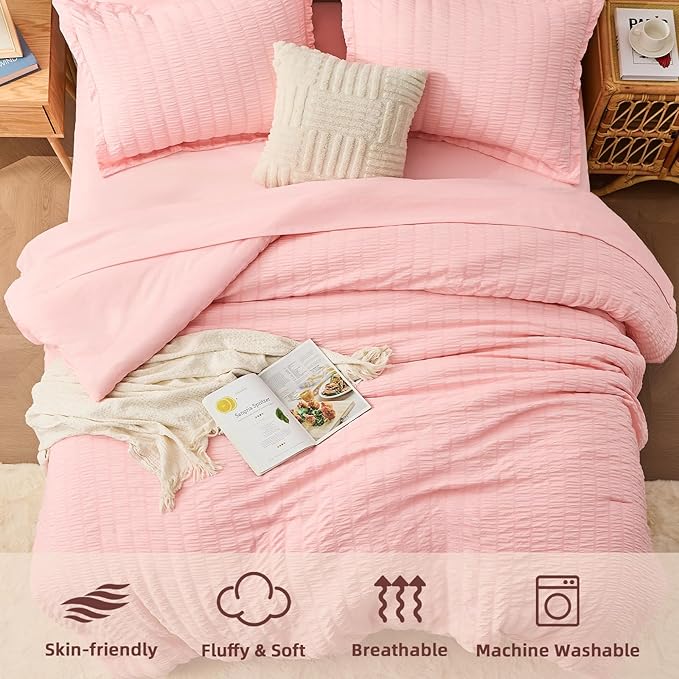 FUANNA Pink King Size Comforter Set 7 Pieces, Luxury Seersucker Bed in a Bag King for All Seasons, Soft King Bedding Set with Comforter, Flat Sheet, Fitted Sheet, Pillowcases & Shams for Bedroom