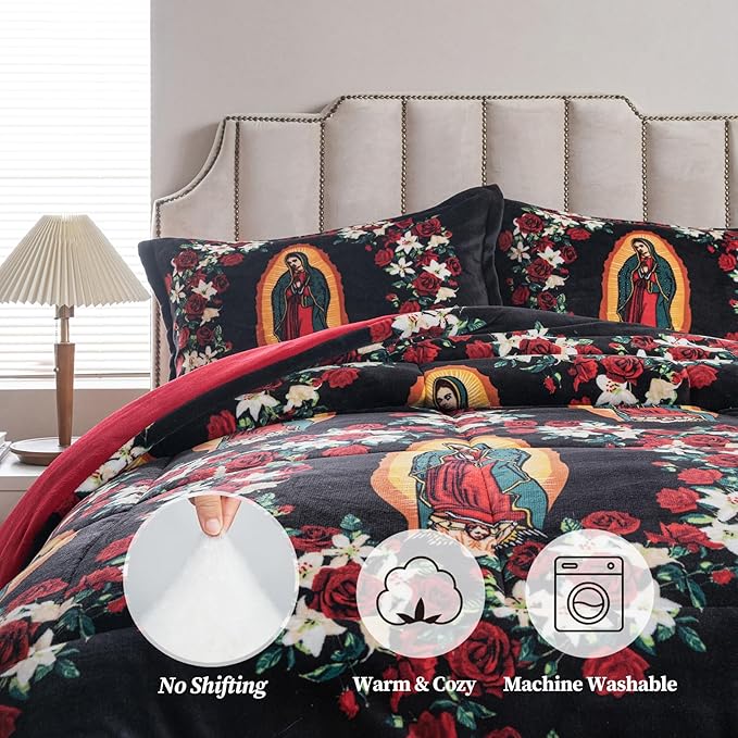 Petrichor Virgin Mary Guadalupe Velvet Flannel King Comforter Set-Luxury Fuzzy Heavy Bedding Set, 3 Pieces Plush Winter Bed Set with Comforter (90"x104") & 2 Pillow Shams(20"x36")