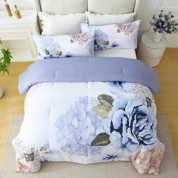 Floral Comforter Set King Size, 3 Pieces Elegant Blue Floral Bed in a Bag, Soft Microfiber Botanical Flower Bedding Set with 2 Pillowcases for All Season 104"×90"