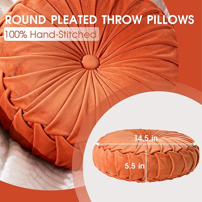ROSE&RISY Round Pleated Hand-Stitched Velvet Throw Pillow, 1 Pcs Decorative Accent Pumpkin Pillow Cushion for Couch Sofa Chair Bed Car Home Decor (14.5 Inch, Orange)
