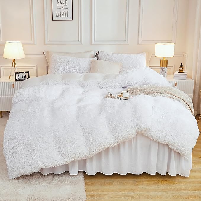 Andency Faux Fur White Comforter Queen Size, 3 Pieces Fluffy Fuzzy Plush Bedding Comforter Set (1 Shaggy Velvet Comforter & 2 Pillowcases), Soft Puffy Comfy Down Alternative Bedding Set