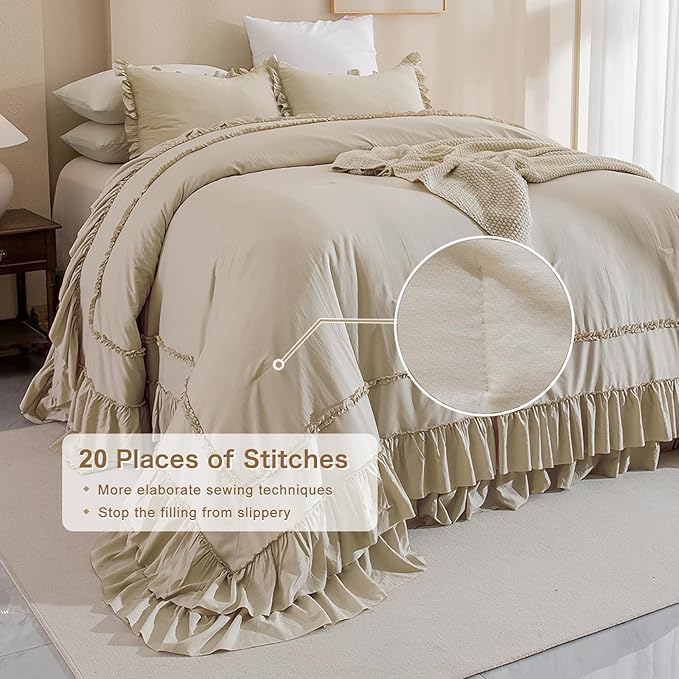 QSH Wheat Oversized California King Bed Comforter Set 128x120, Farmhouse Shabby Vintage Bedding Comforter with Ruffles French Country Comforter Soft Microfiber Fluffy Bedding 3 PCs