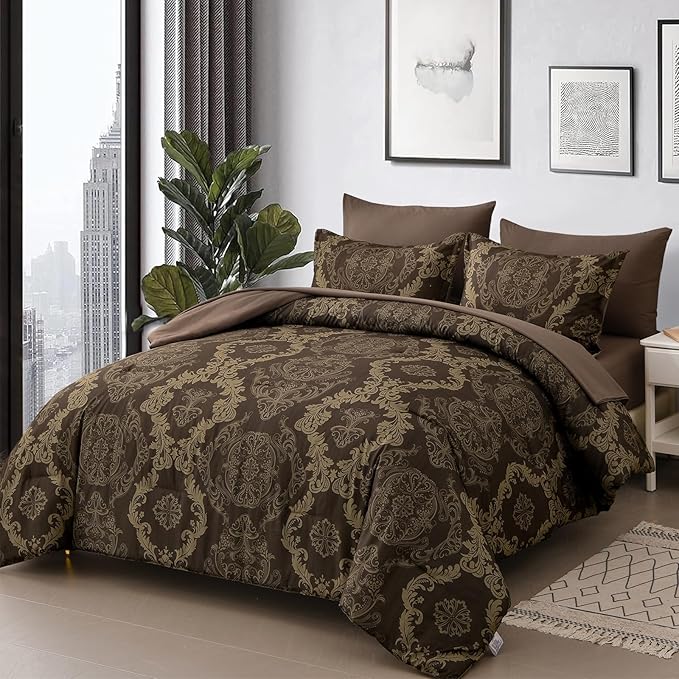 WONGS BEDDING Damask Comforter Set Queen Size, Coffee Gold Texture Design 7 Pcs Bed in a Bag Microfiber Comforter Bedding Sets -1 Comforter, 1 Flat Sheet, 1 Fitted Sheet, 2 Pillow Shams, 2 Pillowcases