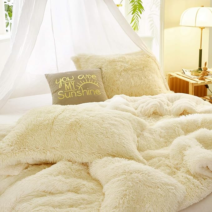 Flysheep Luxury Faux Fur Twin Size Winter Comforter Set Shaggy Velvet Cream Beige Long Hair, 3 Pieces Plush Flannel Sherpa Backing Reversible Soft Microfiber Super Warm Bedding Set for Holiday