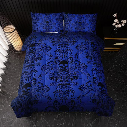 Adults Blue Gothic Comforter Set Queen Size,Vintage Damask Floral Bedding Set 3Pcs,Bohemia Bedding Set Goth Skull Printed Quilted Set for Teens Adult with 1 Comforter and 2 Pillowcase