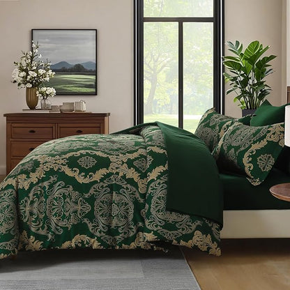 WONGS BEDDING Green Damask King Size Comforter Set, 7 Piece Texture Microfiber Comforter Bedding Set for All Season, Bed in a Bag with Comforter, Flat Sheet, Fitted Sheet, Pillowcases & Shams