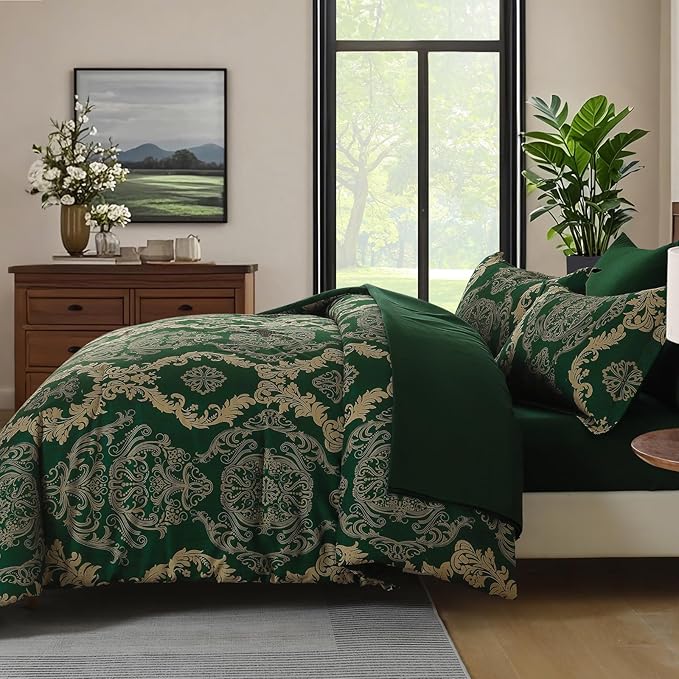 WONGS BEDDING Green Damask Queen Size Comforter Set, 7 Piece Texture Microfiber Comforter Bedding Set for All Season, Bed in a Bag with Comforter, Flat Sheet, Fitted Sheet, Pillowcases & Shams