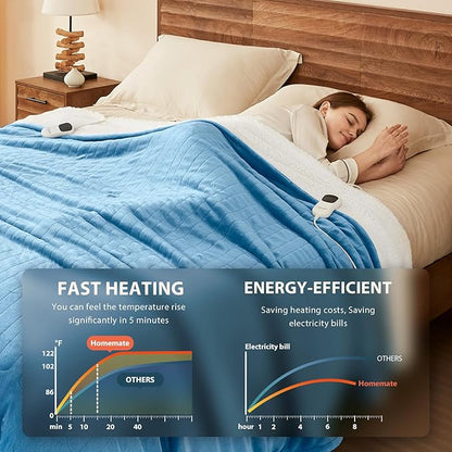 Homemate Electric Heated Blanket Full Size - 72"x84" Heating Blanket Full Size 1/2/4/6/8 Hours Auto-Off 10 Heat Level Over-Heat Protection Flannel Sherpa ETL Certification