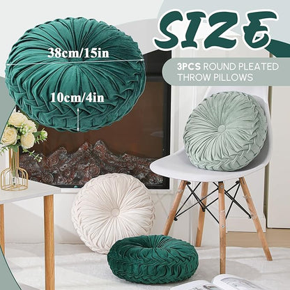 3 Pcs Round Throw Pillows Decorative Velvet Pleated Throw Pillows 15'' Diameter Accent Pumpkin Boho Chair Cushion for Couch Sofa Chair Bed Home Decoration (White,Light Green,Green)