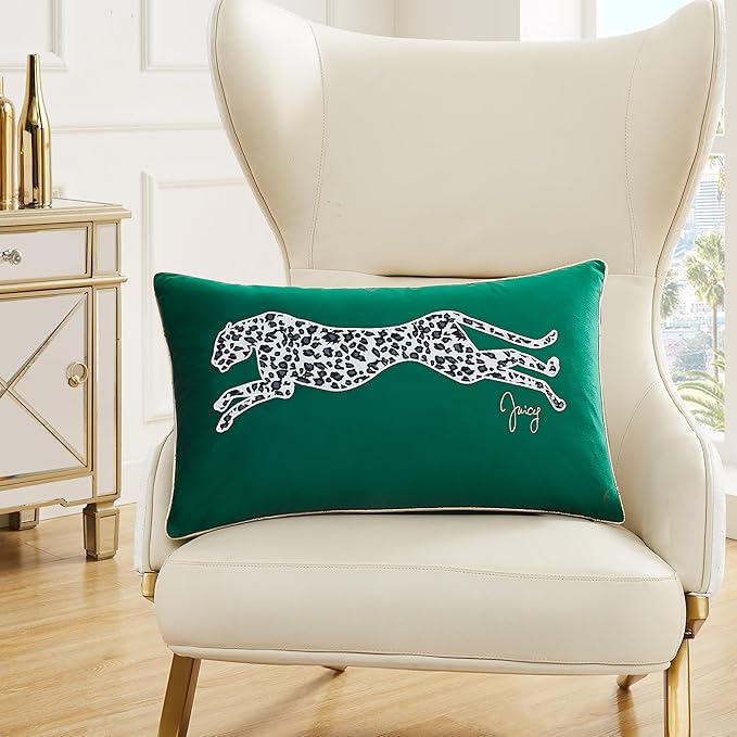 Juicy Couture Reversible Velvet Cheetah Pillow, 14" x 24" Decorative Pillow, Emerald Green