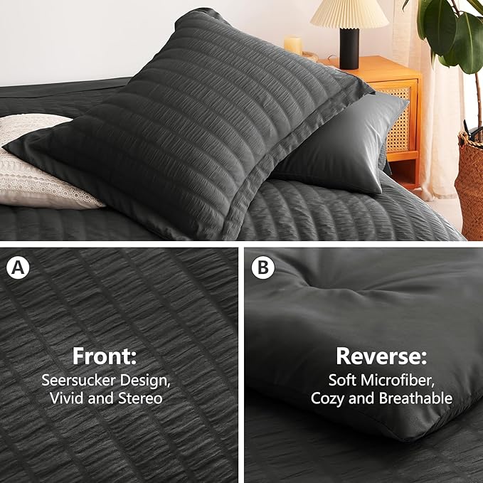 CozyLux Twin Comforter Set with Sheets Seersucker 5 Pieces, Dark Grey Bed in a Bag for Bedroom, Textured Luxury Soft Bedding Set with Down Alternative Comforter, Sheets, Pillowcase & Sham All Seasons