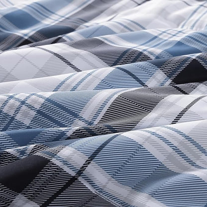 MaiRêve Full Size Plaid Comforter Set Lake Blue, Classic 7 Pieces Farmhouse Bedding Set, All Season Lightweight Bed in A Bag with Sheets, Pillowcases & Shams