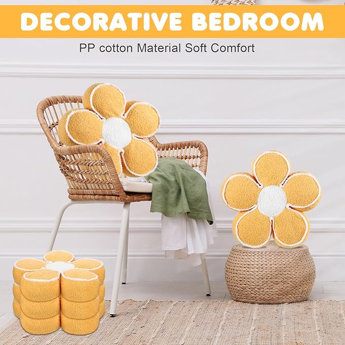 Menkxi 2 Pack Flower Pillows Cute Flower Shaped Pillows Daisy Pillow Throw Soft Floor Cushion for Living Room Bedroom Sofa Couch Winter Warm Decoration 15.7 Inch(Yellow)