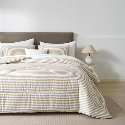 mixinni Tan Striped Comforter Set Queen Size - Beige Stripes Pattern Bed Set for All Season, 3 Pieces Lightweight Bedding Comforter Sets for All Seasons (1 Soft Fluffy Comforter + 2 Pillowcases)