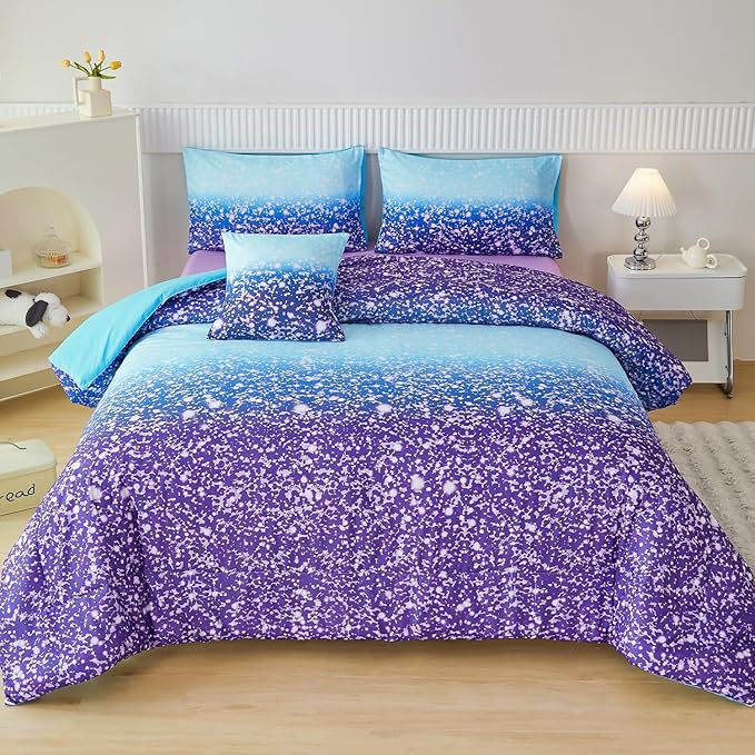 PERFEMET Girls Bed in A Bag Full Size 6 Pieces Blue Purple Rainbow Bedding Comforter Sets Tie Dye Ombre Kids Comforter Fluffy Teen Girl Bed Set (Blue Purple, Full)