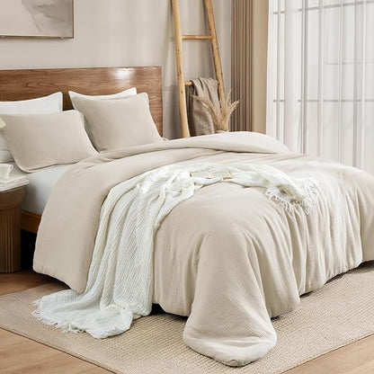 PHF Cotton Muslin Comforter Set Queen Size, Ultra Soft, Breathable & Lightweight All-Season Bedding, Filling: 100% Polyester, 3 Pieces with 1 Comforter 90"x90" and 2 Pillow Shams 20"x26", Natural