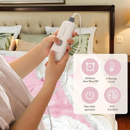 Electric Heated Blanket 72"x84" Full Size Flannel & Sherpa - 4 Heat Settings & 10H Auto Shut Off for Safe Overnight Use, Fast Heating, Machine Washable for Bed, Couch, Office - Pink