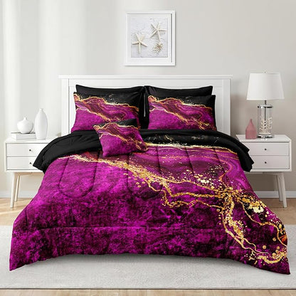 Black Gold Comforter Set 8 Pcs Hot Pink Marble Bedding Set Queen Size Bed in A Bag Purple and Black Marble Stone Texture Abstract Room Decor Black Marble Bed Comforter