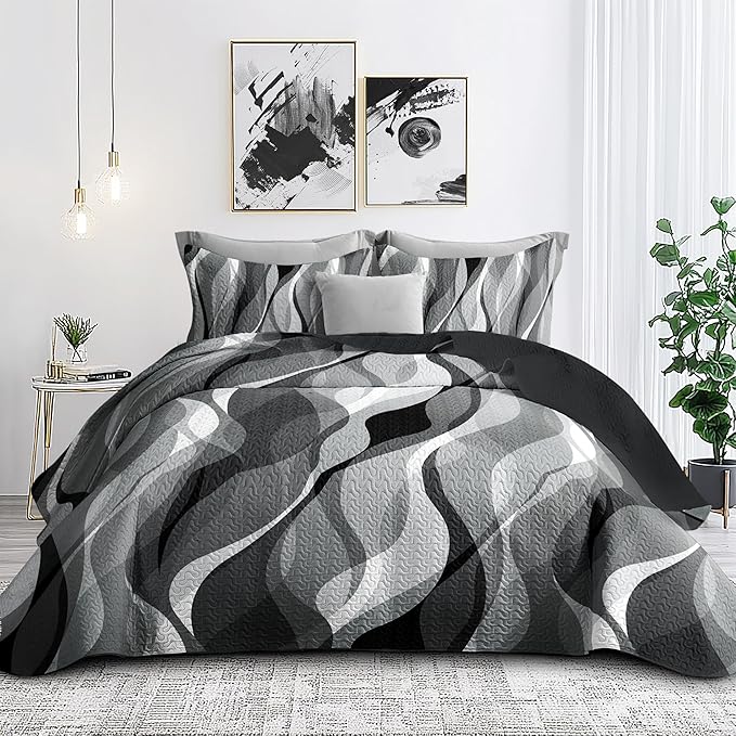 weesire Classic Line Pattern Bedding Quilt King Size Modern Grey Black and White Stripe Quilt with 2 Shams, Gray and White Comforter Sets Lightweight Breathable Bedspreads Coverlet, 96''x106''