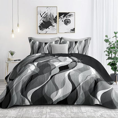 weesire Classic Line Pattern Bedding Quilt King Size Modern Grey Black and White Stripe Quilt with 2 Shams, Gray and White Comforter Sets Lightweight Breathable Bedspreads Coverlet, 96''x106''