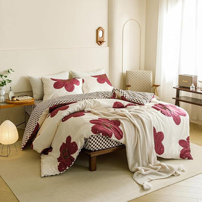 Cottonight Burgundy Sunflower Comforter Set - Wine Red King Size for Women and Girls - Dark Red Floral Bedding With Big Botanical Flowers - Cute Chic Soft Breathable Blanket Quilt
