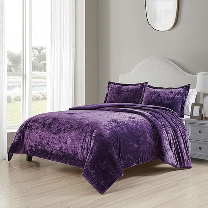 Luxury Velvet King Comforter Set, 3 Pieces Reversible Comforters King Size with 2 Pillow Shams, Brushed Solid Microfiber Back, All Season Cozy, Soft, Warm, Lightweight (Purple, 104x90 Inch)