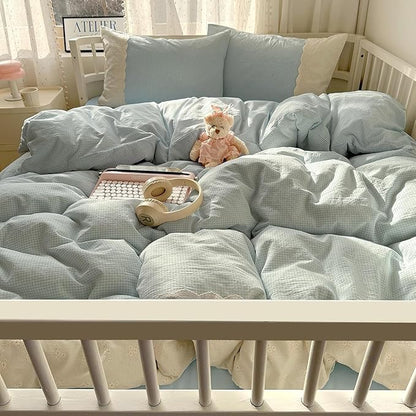mixinni Light Blue Gingham Comforter Set Queen - 3 Piece Soft Washed Microfiber Plaid Bedding Set with Lace Trim, All Seasons Fluffy Comforter & Pillowcases, Farmhouse French Country Aesthetic
