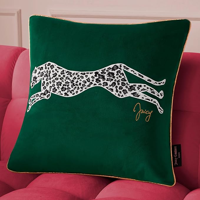 Juicy Couture Reversible Velvet Cheetah Pillow, 18" x 18" Decorative Pillow, Emerald Green