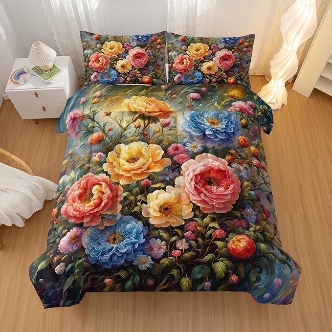 Vintage 3D Flower Floral Comforter Set Twin Size 3PCS,Colorful Flowers Pattern Bedding Set for Teen Adult,Floral Themed Room Decor Ultra-Soft Lightweight Microfiber with 2 Pillowcases