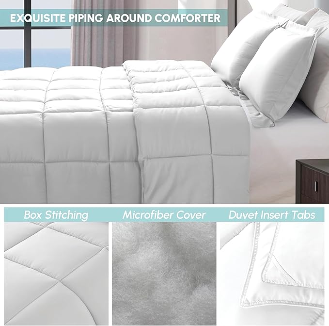 Elegant Comfort 3-Piece Box Stitched Down Alternative Comforter with Shams - Ultra Soft for All Season Duvet Insert with Corner Tabs, Plush Cozy 3PC Comforter Set, King, White