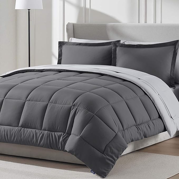 Nestl 7 Piece California King Comforter Set – Dark Grey Reversible Bed in a Bag – Complete Cal King Size Bedding Set with Sheets, Pillowcases and Shams