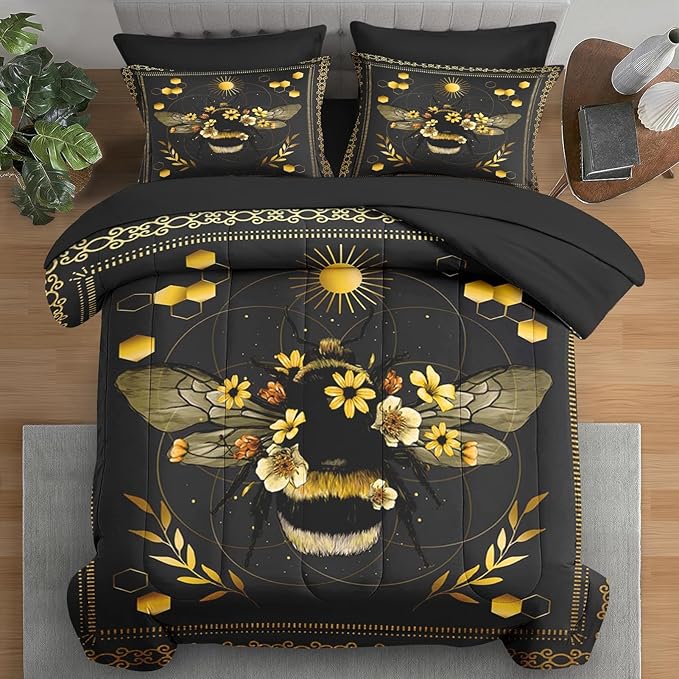 Comforter Set Queen Size, Bee Yellow Sweet 7 Pcs Bedding for Kids and Adults, Vintage Sunflower Black Bed Sheet Sets with Fitted Sheet 2 Pillowcases & 2 Shams for Bedroom Bed Decor