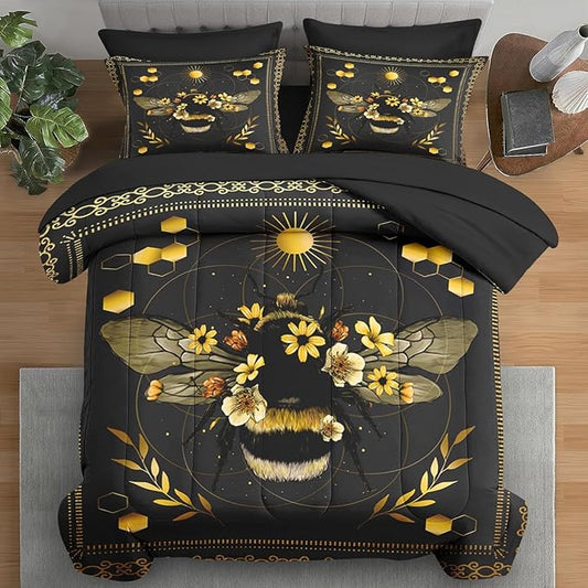 Comforter Set Queen Size, Bee Yellow Sweet 7 Pcs Bedding for Kids and Adults, Vintage Sunflower Black Bed Sheet Sets with Fitted Sheet 2 Pillowcases & 2 Shams for Bedroom Bed Decor