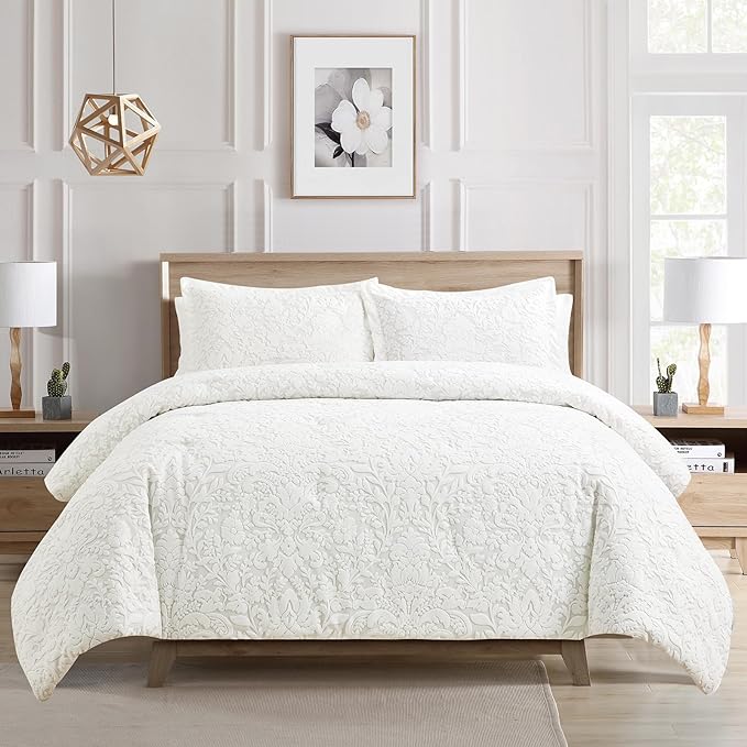 Sunshine Nicole Velvet Jacquard Comforter Set, Velvet Jacquard Face and Brushed Solid Microfiber Reverse, with Light Weight Soft Poly Fill, 3 Pieces White, King
