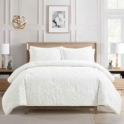 Sunshine Nicole Velvet Jacquard Comforter Set, Velvet Jacquard Face and Brushed Solid Microfiber Reverse, with Light Weight Soft Poly Fill, 3 Pieces White, King
