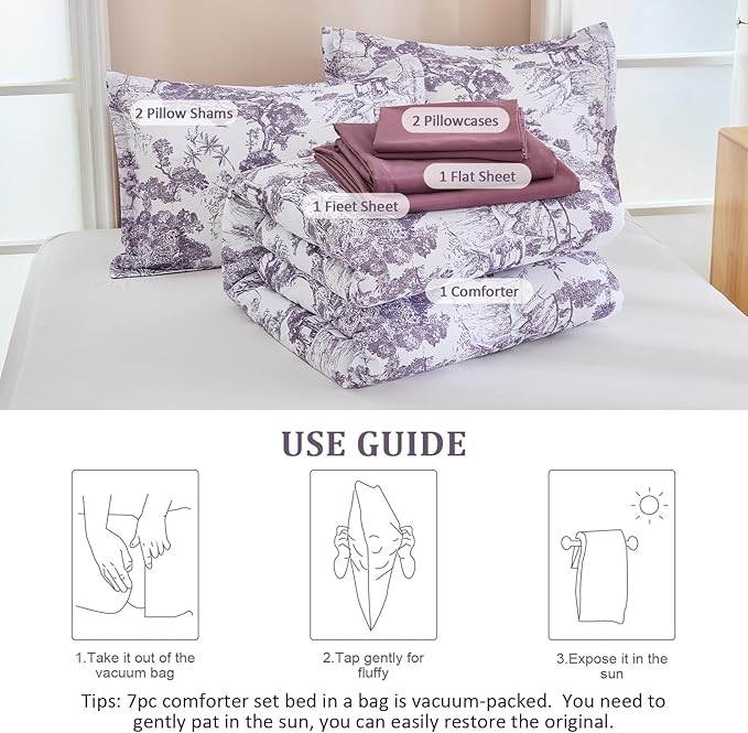 DJY Purple Comforter Set King, 7 Pieces Dark Purple Botanical Comforters King Size Elegant Plants Print with Sheets Bed in a Bag Soft Microfiber Reversible Complete Bedding Sets for All Season