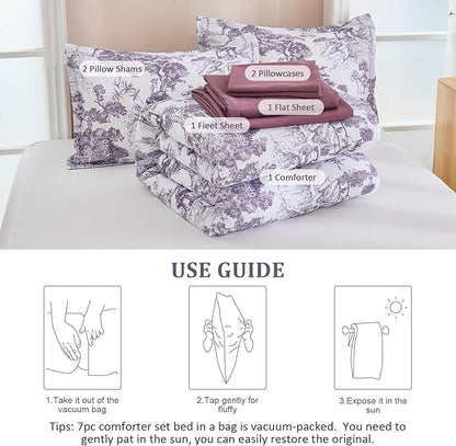 DJY Purple Comforter Set King, 7 Pieces Dark Purple Botanical Comforters King Size Elegant Plants Print with Sheets Bed in a Bag Soft Microfiber Reversible Complete Bedding Sets for All Season