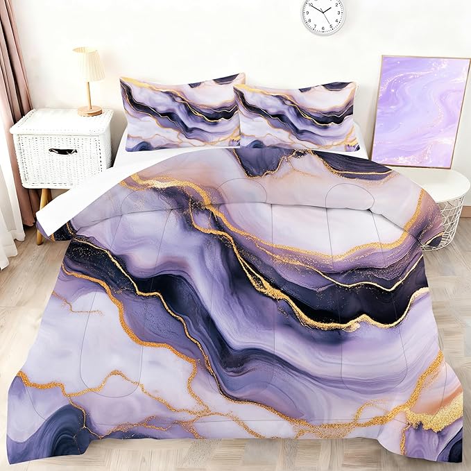 Marble Purple Bedding Set for Kids Women Queen Size Purple Gold Tie-Dye Comforter Set Modern Quilt Gradient Comforter for All Age Abstract Bed Sets with 1 Comforter + 2 Pillowcases