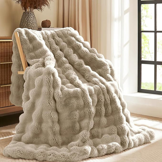 L'AGRATY Faux Rabbit Fur Blanket: 60" x 80" Twin Luxury Soft Fluffy Thick Fur Throw Blanket for Couch Bed Sofa - Cozy Plush Bubble Blankets for Winter: Flannel Fleece Decorative Blanket(Castle Grey)
