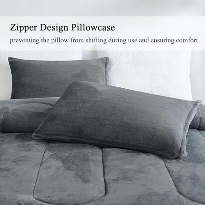 Faux Fur Comforter Set, Ultra Soft Warm Plush Velvet Comforter, Fluffy Fuzzy Fleece Bedding Comforter Sets for Fall Winter, No Shedding, 3PC, Queen Size, Dark Grey