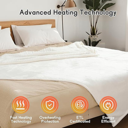 Heated Blanket Electric Blanket King Size 90''x100'' with 10 Heating Levels, 1-12 Hour Auto Shut Off, Machine Washable, Dual Controller Soft Warming Blanket for Couch, Bed, Office - White