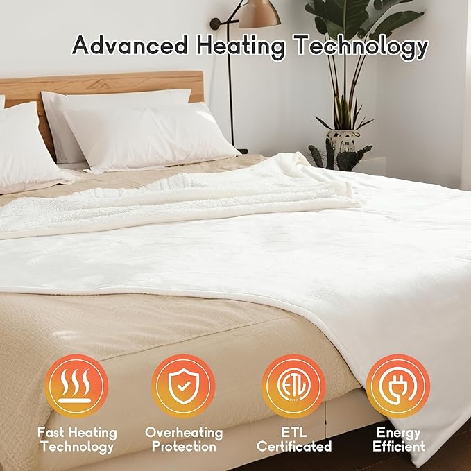 Heated Blanket Electric Blanket Queen Size 84''x90'' with 10 Heating Levels, 1-12 Hour Auto Shut Off, Machine Washable, Dual Controller Soft Warming Blanket for Couch, Bed, Office - White