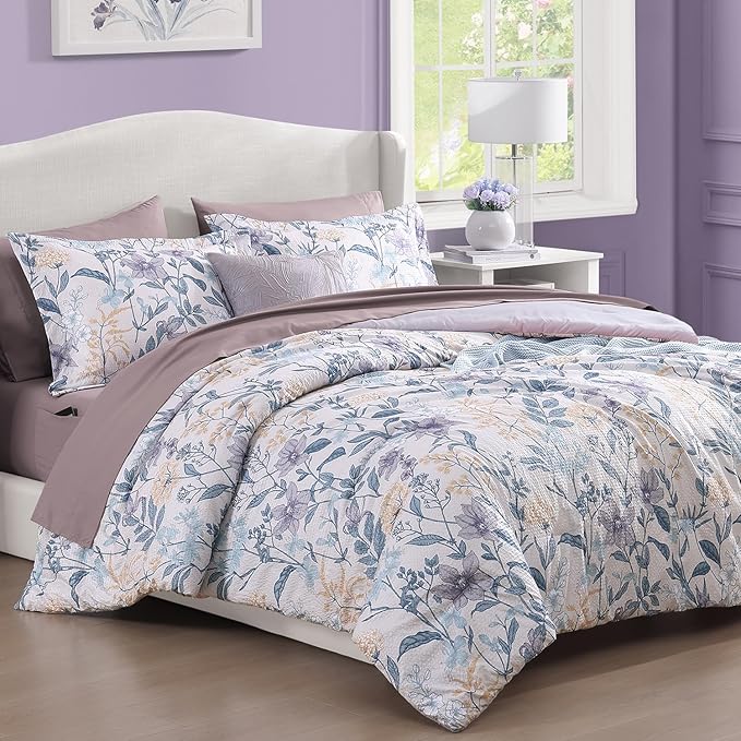 CASAAGUSTO Queen Comforter Set, 7 PCS Purple Iris Floral Comforter Set with Flowers Leaves Pattern, Soft Seersucker Design All Season Queen Size Bedding Set(90"X90")