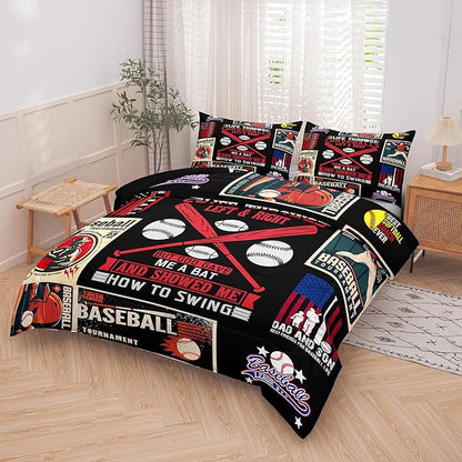 NINENINE Baseball Bedding Sports Bedding Set for Boys Kids,Queen Size Comforter Sets for Boys,Black Retro Comforter Set with 1 Comforter 2 Pillowcases…