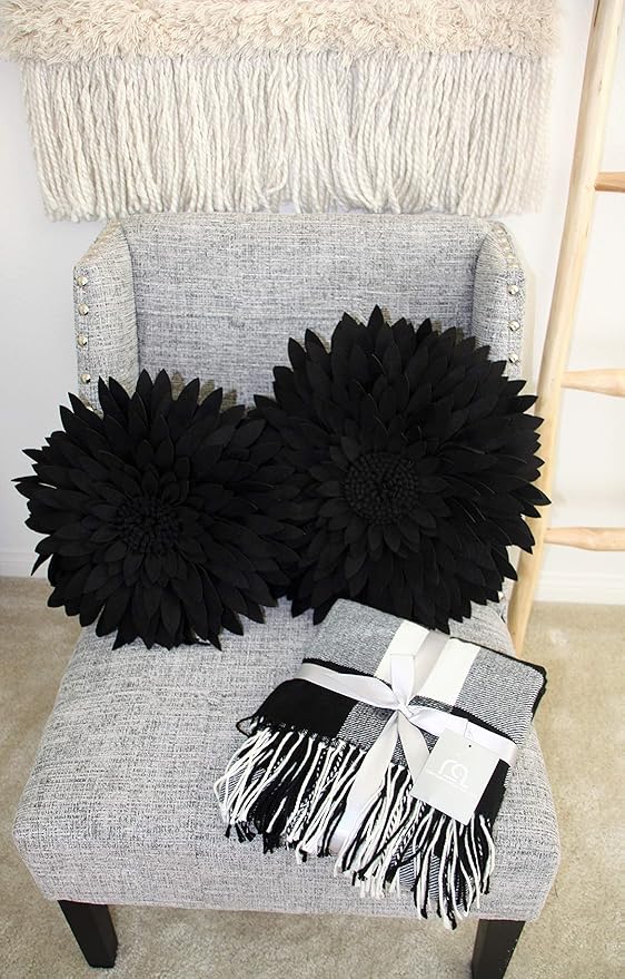 Contempo Lifestyles 3D Daisy Flower Pillow - Patented Design, Couch & Bed Decorative Pillow (18" Flower, 16" Pillow with Insert, Black)