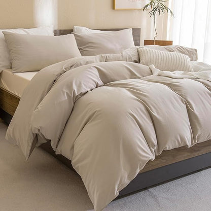Sanracie Cotton Comforter Set Queen,Linen Like Textured Bedding Comforter for Queen Size Bed 3 Pieces(1 Solid Comforter and 2 Pillowcases) Soft Lightweight Bedding Set
